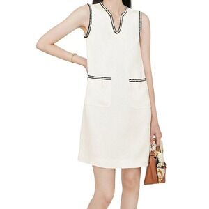 Womens Cream Sleeveless Tweed A-line Jackie Mini V-neck Dress Sz S Metallic Trim